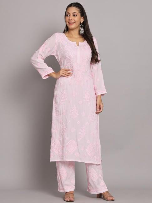 paramount chikan pink cotton lucknowi chikankari kurta & palazzo set