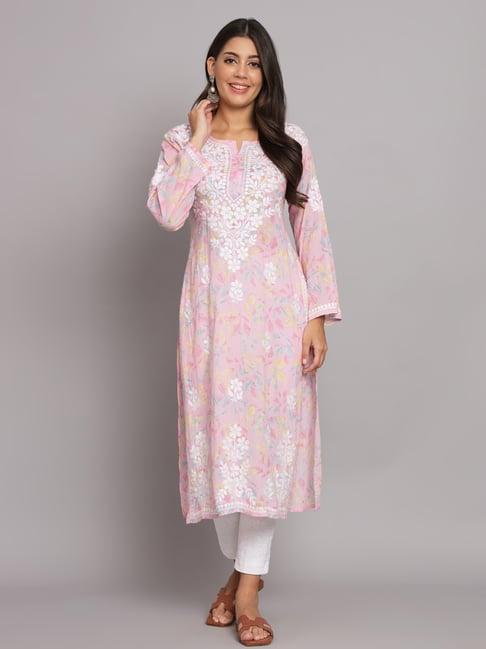 paramount chikan pink cotton lucknowi chikankari straight kurta