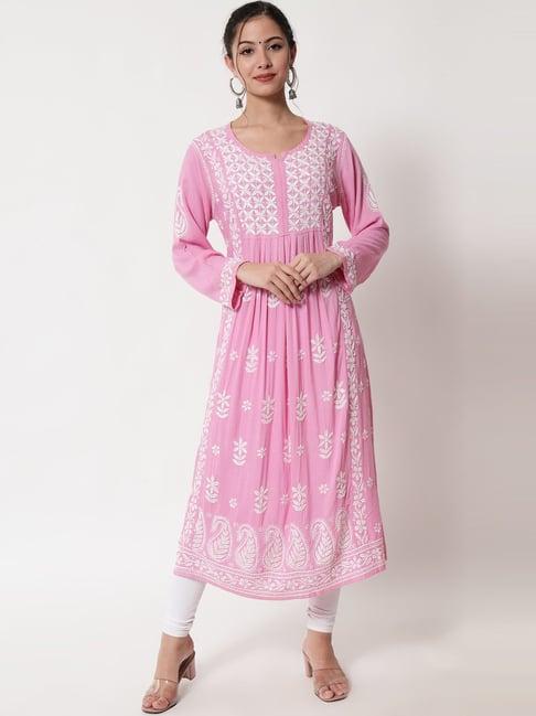 paramount chikan pink embroidered a line kurta