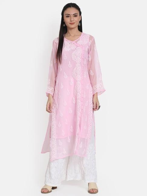 paramount chikan pink embroidered straight kurta