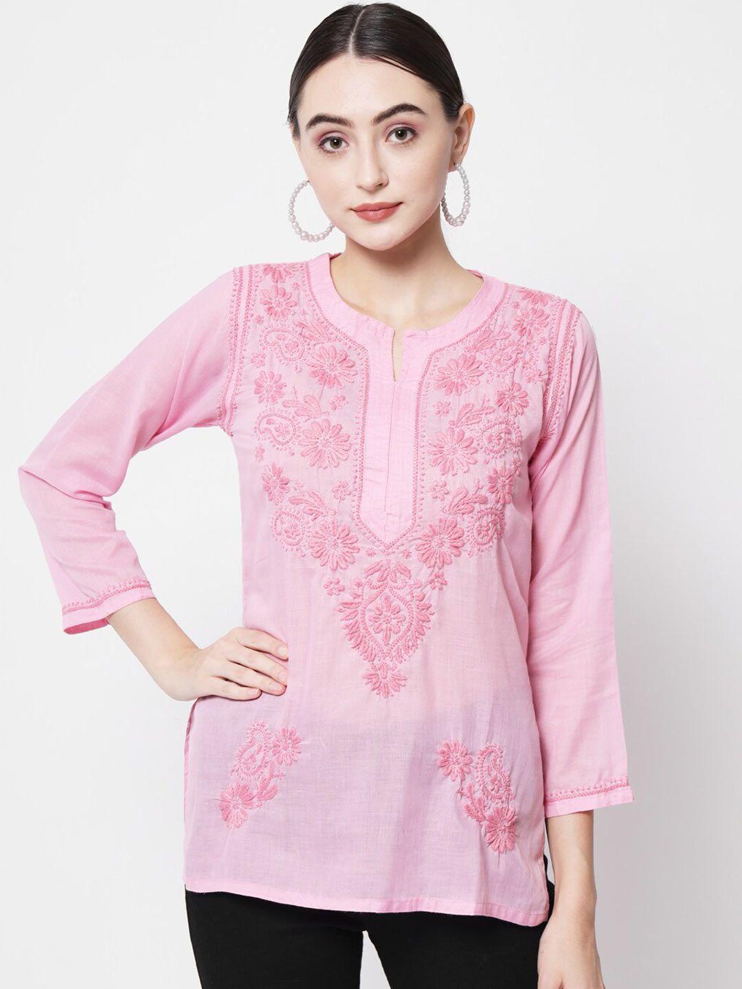 paramount chikan pink ethnic motifs embroidered chikankari pure cotton chikankari kurti