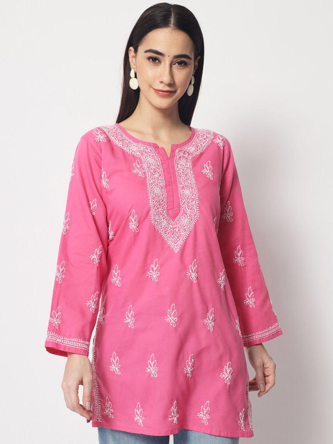 paramount chikan pink floral embroidered chikankari pure cotton kurti