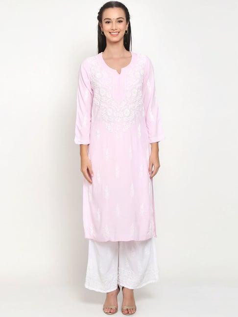 paramount chikan pink hand embroidered chikankari straight kurta