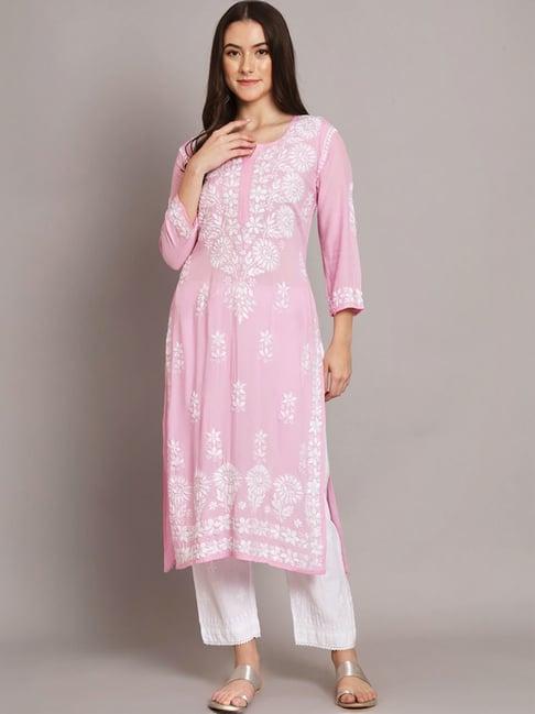 paramount chikan pink hand embroidered chikankari straight kurta