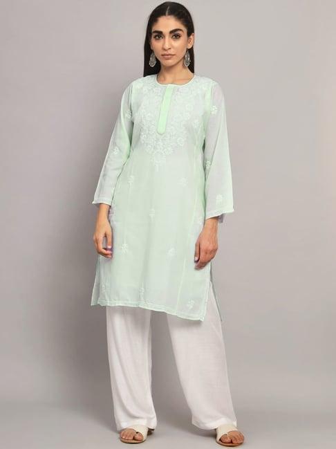 paramount chikan pista green cotton hand embroidered chikankari straight kurta