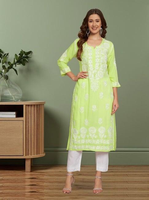 paramount chikan pista green hand embroidered chikankari straight kurta