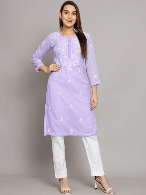 paramount chikan purple cotton hand embroidered chikankari straight kurta