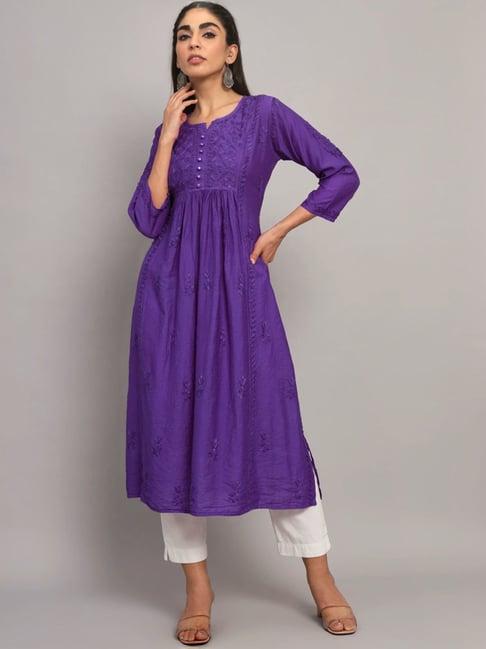 paramount chikan purple hand embroidered chikankari flared kurta