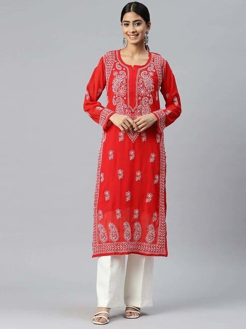 paramount chikan red chikankari straight kurta with slip