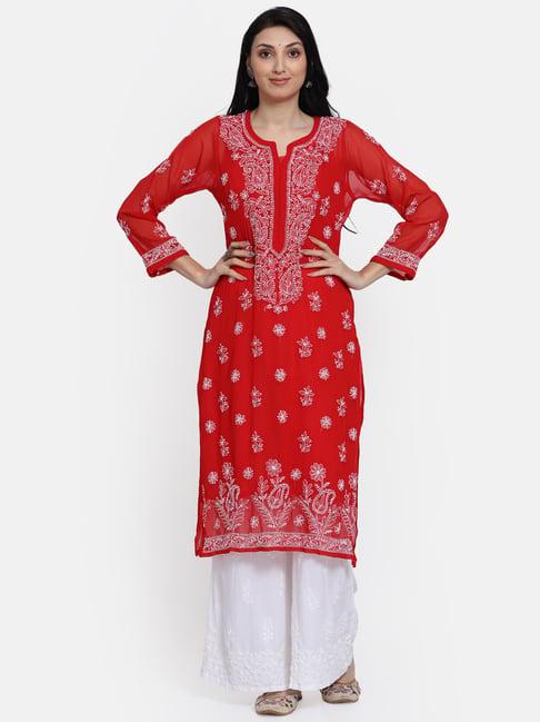 paramount chikan red chikankari straight kurta