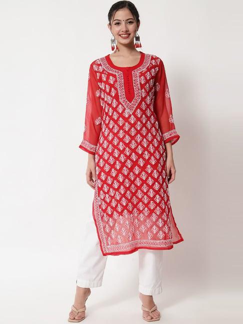 paramount chikan red chikankari straight kurta