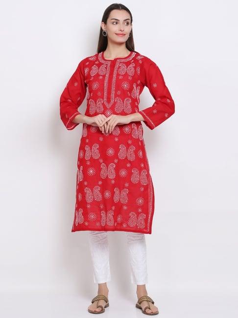 paramount chikan red cotton chikankari straight kurta