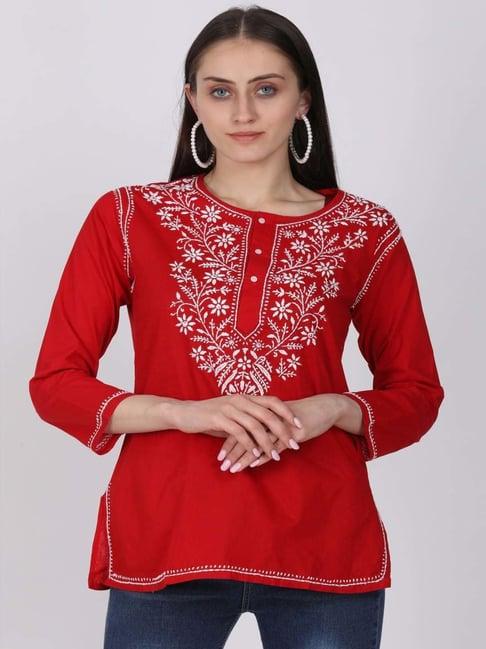 paramount chikan red cotton embroidered straight kurti
