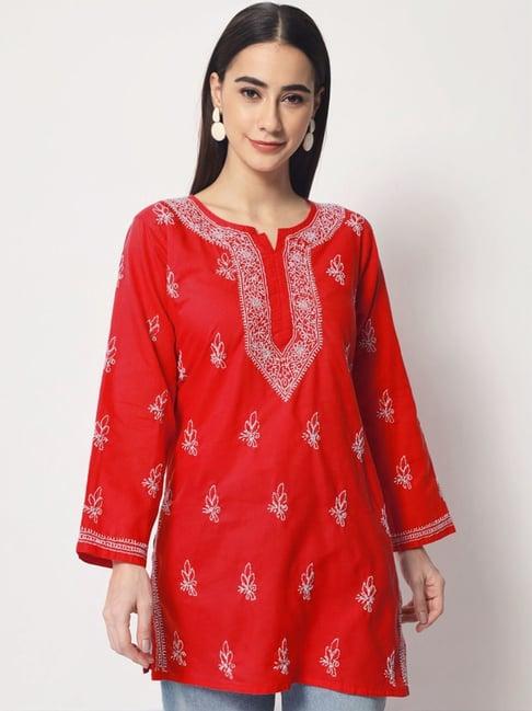 paramount chikan red cotton hand embroidered chikankari straight kurti