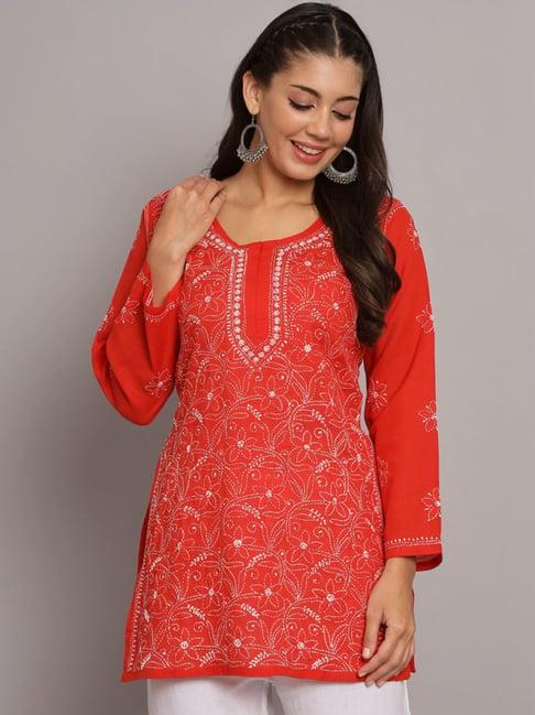 paramount chikan red cotton hand embroidered chikankari straight kurti