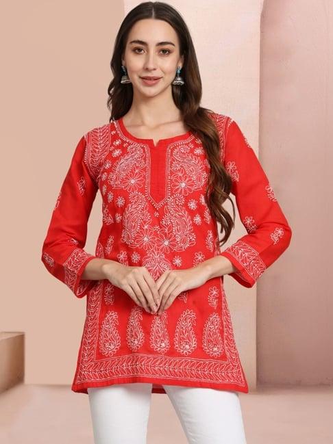 paramount chikan red cotton hand embroidered chikankari straight kurti