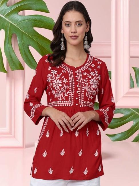 paramount chikan red hand embroidered chikankari straight kurti