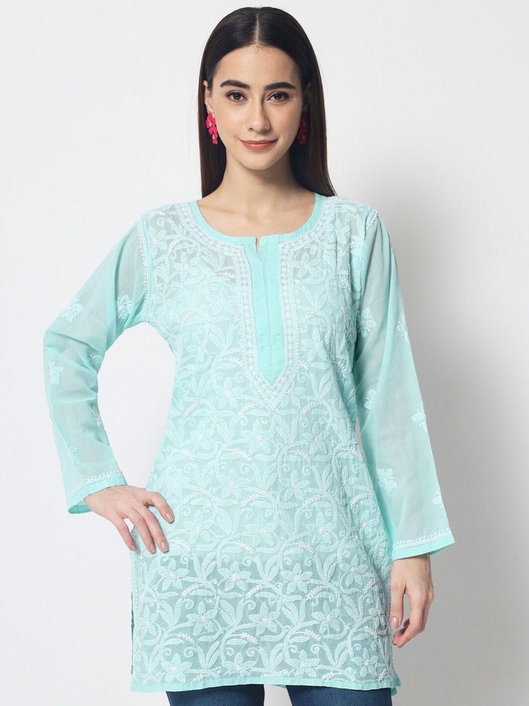 paramount chikan sea green & white ethnic motifs embroidered chikankari chikankari kurti