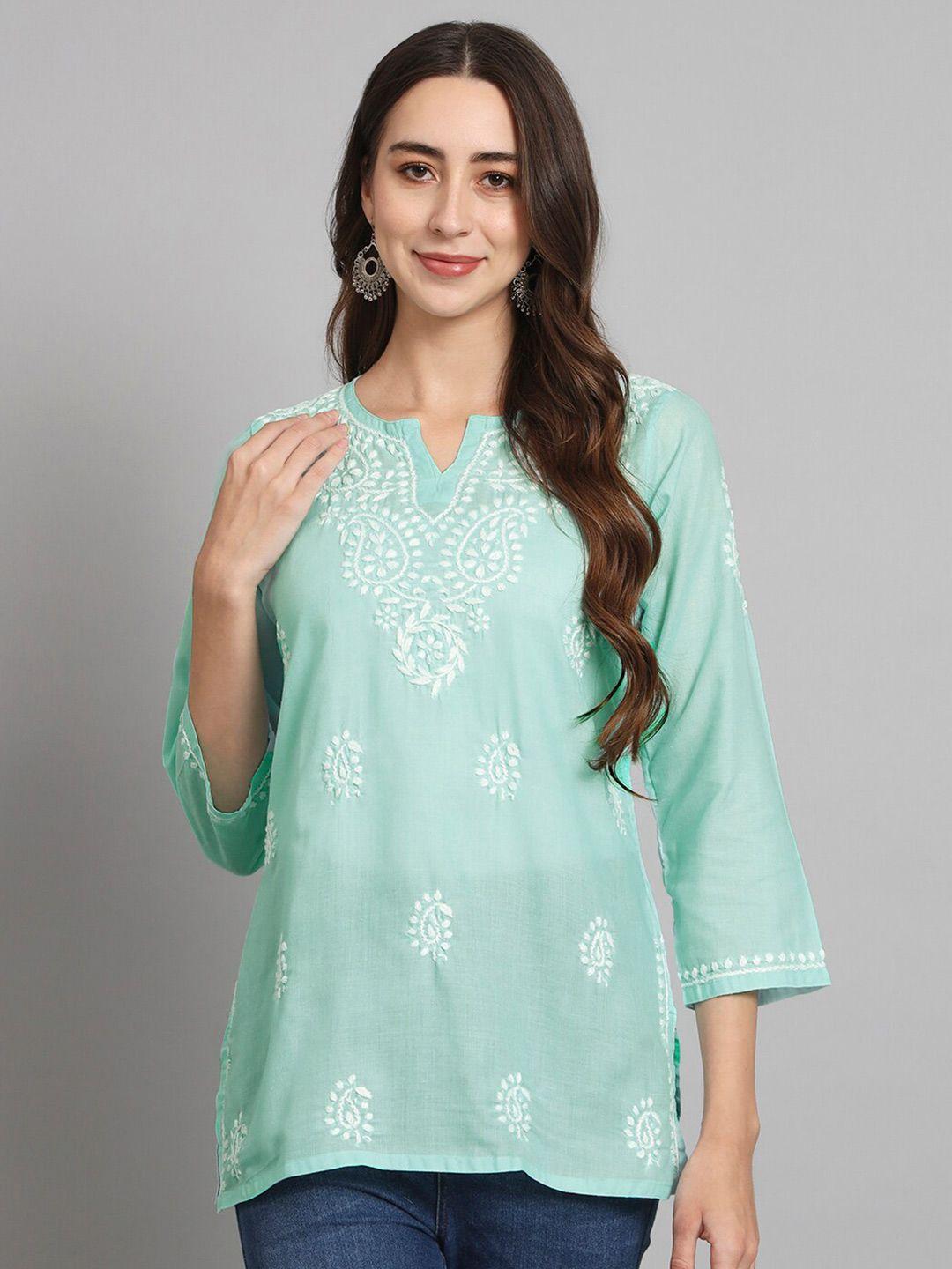 paramount chikan sea green & white ethnic motifs embroidered chikankari chikankari kurti