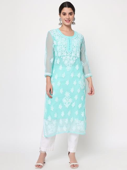 paramount chikan sea green chikankari straight kurta