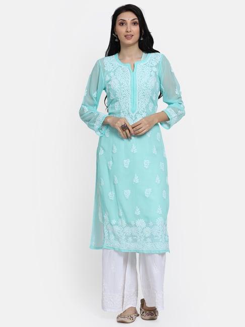 paramount chikan sea green chikankari straight kurta