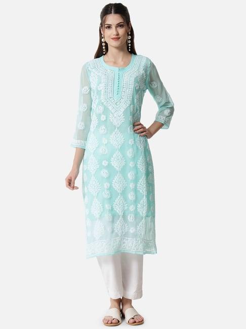 paramount chikan sea green chikankari straight kurta