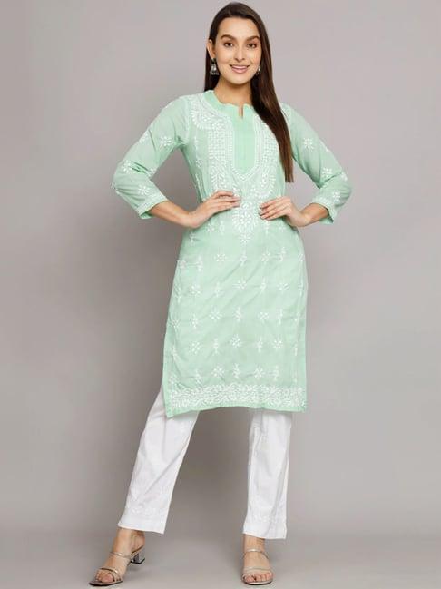 paramount chikan sea green cotton hand embroidered chikankari straight kurta