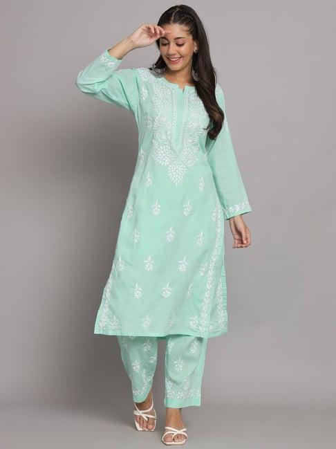 paramount chikan sea green cotton lucknowi chikankari kurta pant set