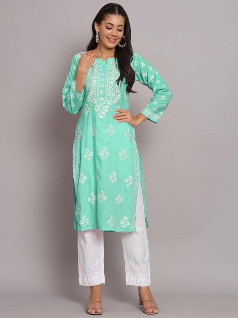 paramount chikan sea green cotton lucknowi chikankari straight kurta