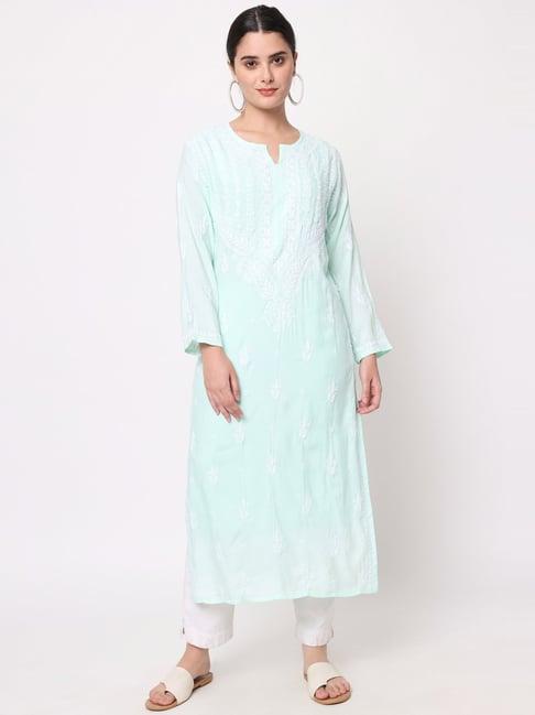 paramount chikan sea green embroidered straight kurta