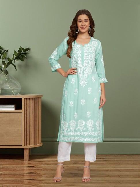 paramount chikan sea green hand embroidered chikankari straight kurta