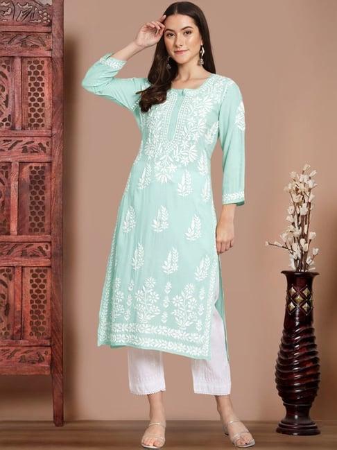 paramount chikan sea green hand embroidered chikankari straight kurta