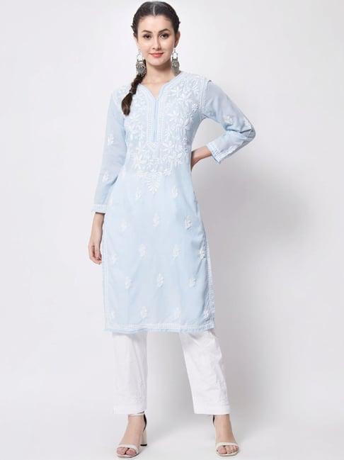 paramount chikan sky blue cotton hand embroidered chikankari straight kurta