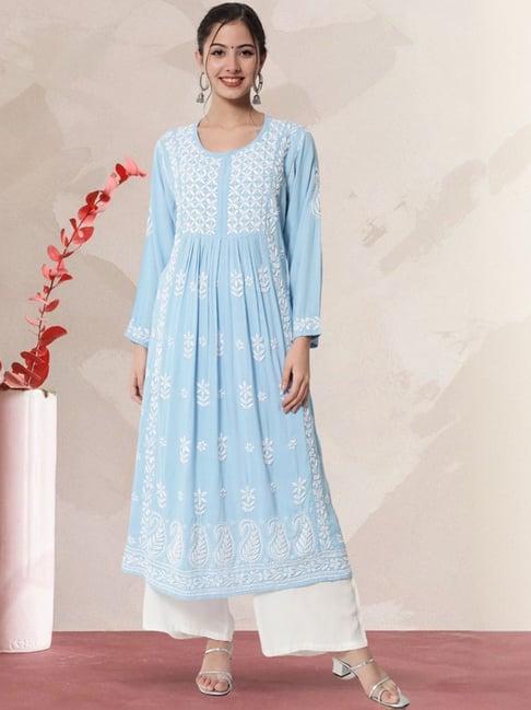 paramount chikan sky blue hand embroidered chikankari flared kurta