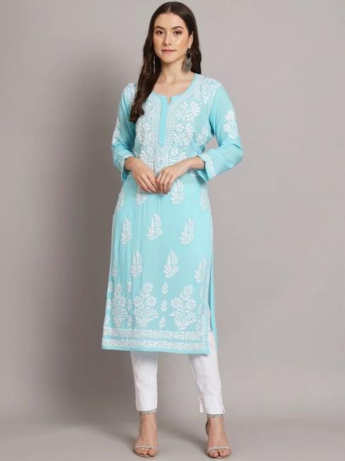 paramount chikan sky blue hand embroidered chikankari straight kurta