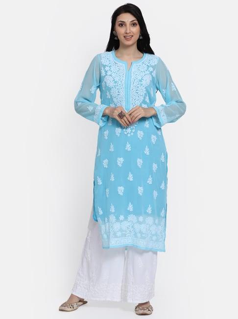 paramount chikan turquoise chikankari straight kurta