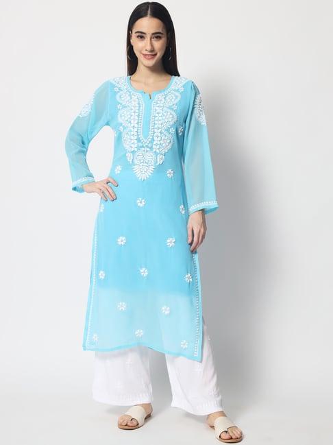 paramount chikan turquoise chikankari straight kurta