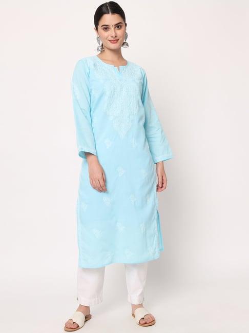 paramount chikan turquoise cotton embroidered straight kurta