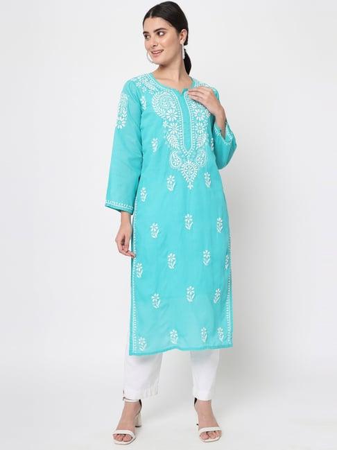 paramount chikan turquoise cotton embroidered straight kurta