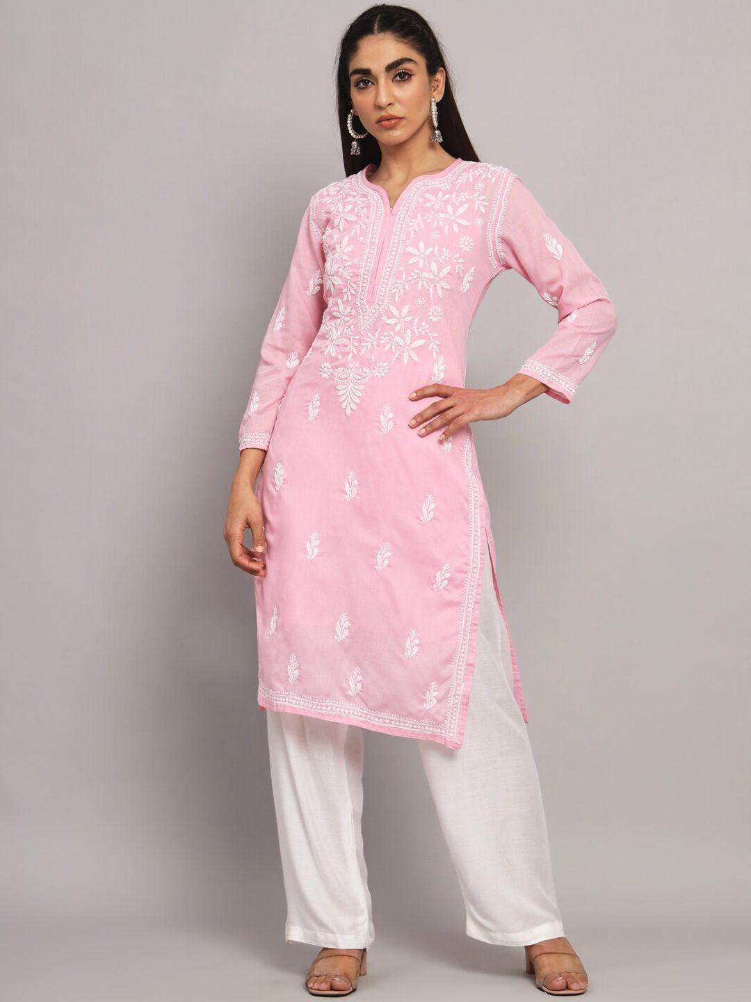 paramount chikan v-neck floral embroidered chikankari cotton kurta