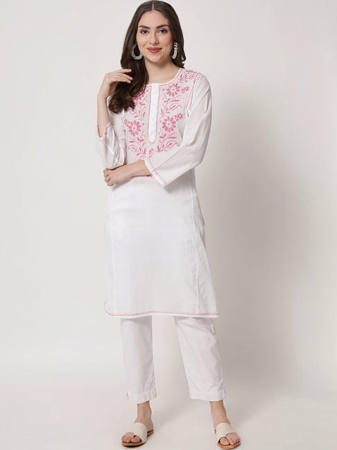 paramount chikan white & pink cotton hand embroidered chikankari straight kurta