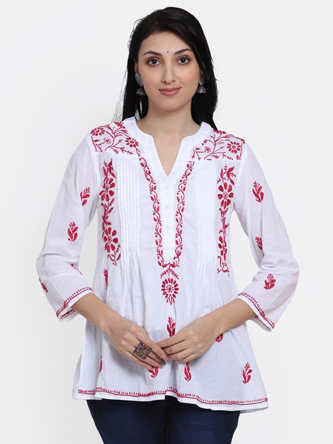paramount chikan white & red ethnic motifs embroidered pure cotton chikankari kurti
