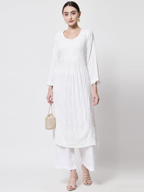 paramount chikan white chikankari a line kurta