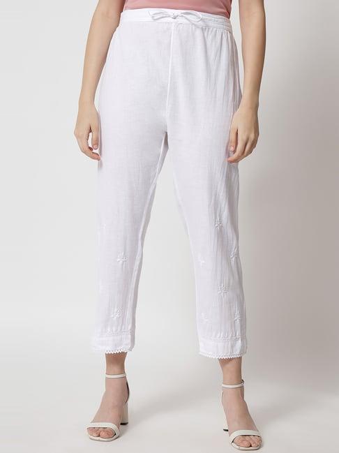 paramount chikan white cotton embroidered cropped pants