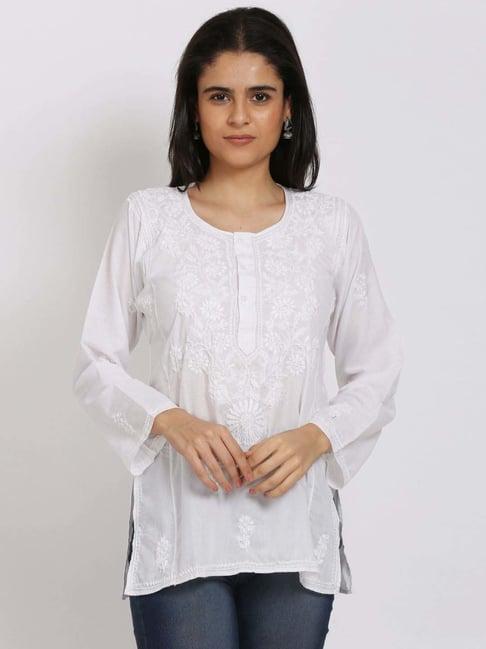 paramount chikan white cotton embroidered straight kurti