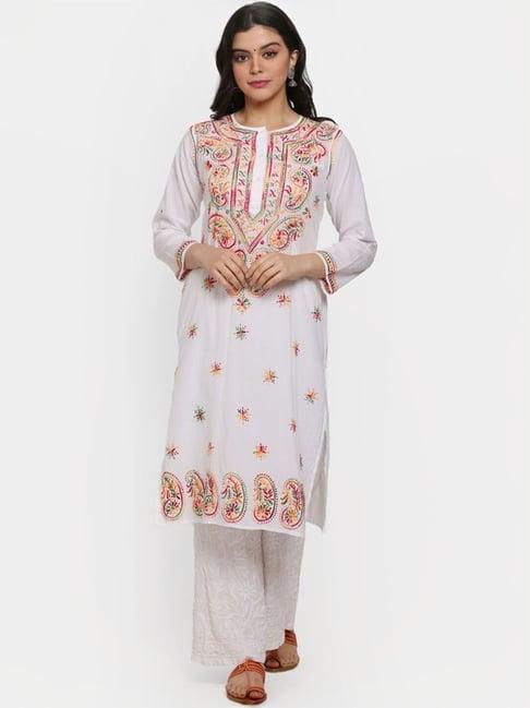 paramount chikan white cotton hand embroidered chikankari straight kurta