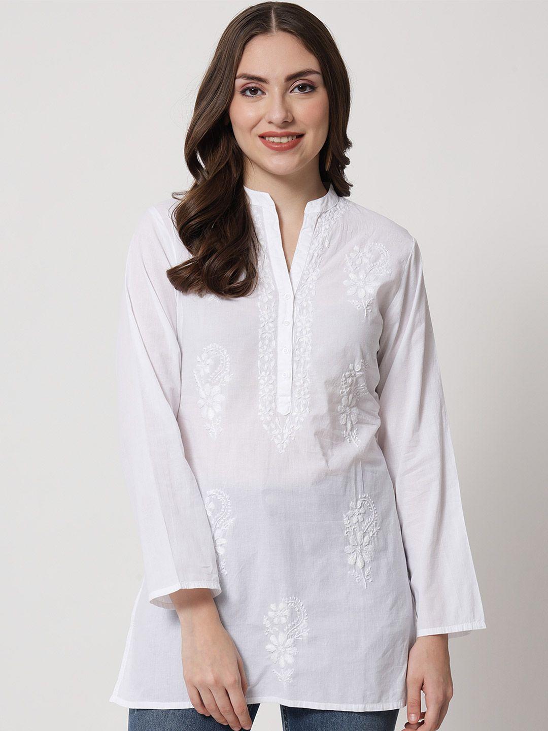 paramount chikan white embroidered v-neck chikankari pure cotton chikankari kurti