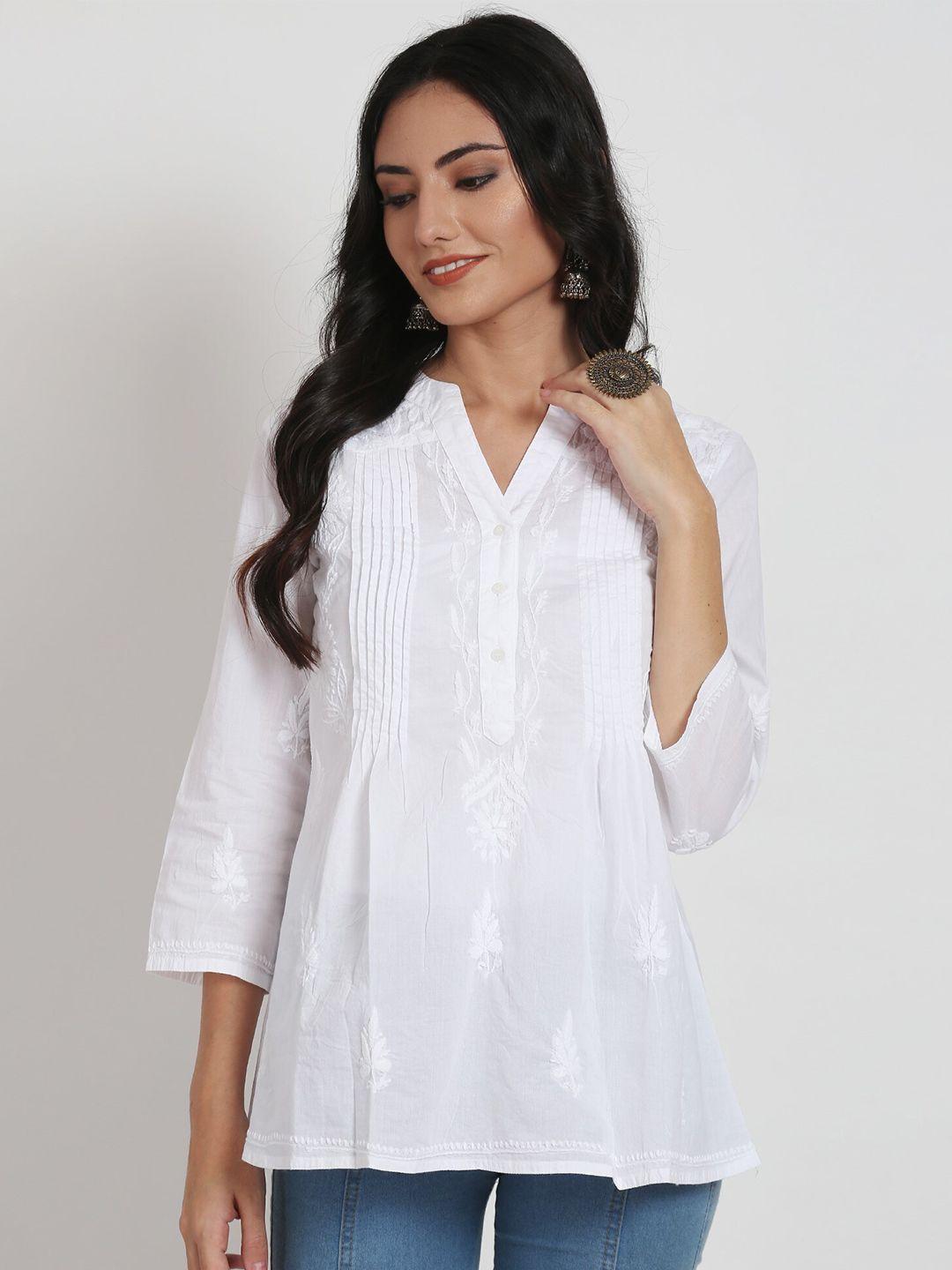 paramount chikan white ethnic motifs embroidered chikankari pure cotton kurti