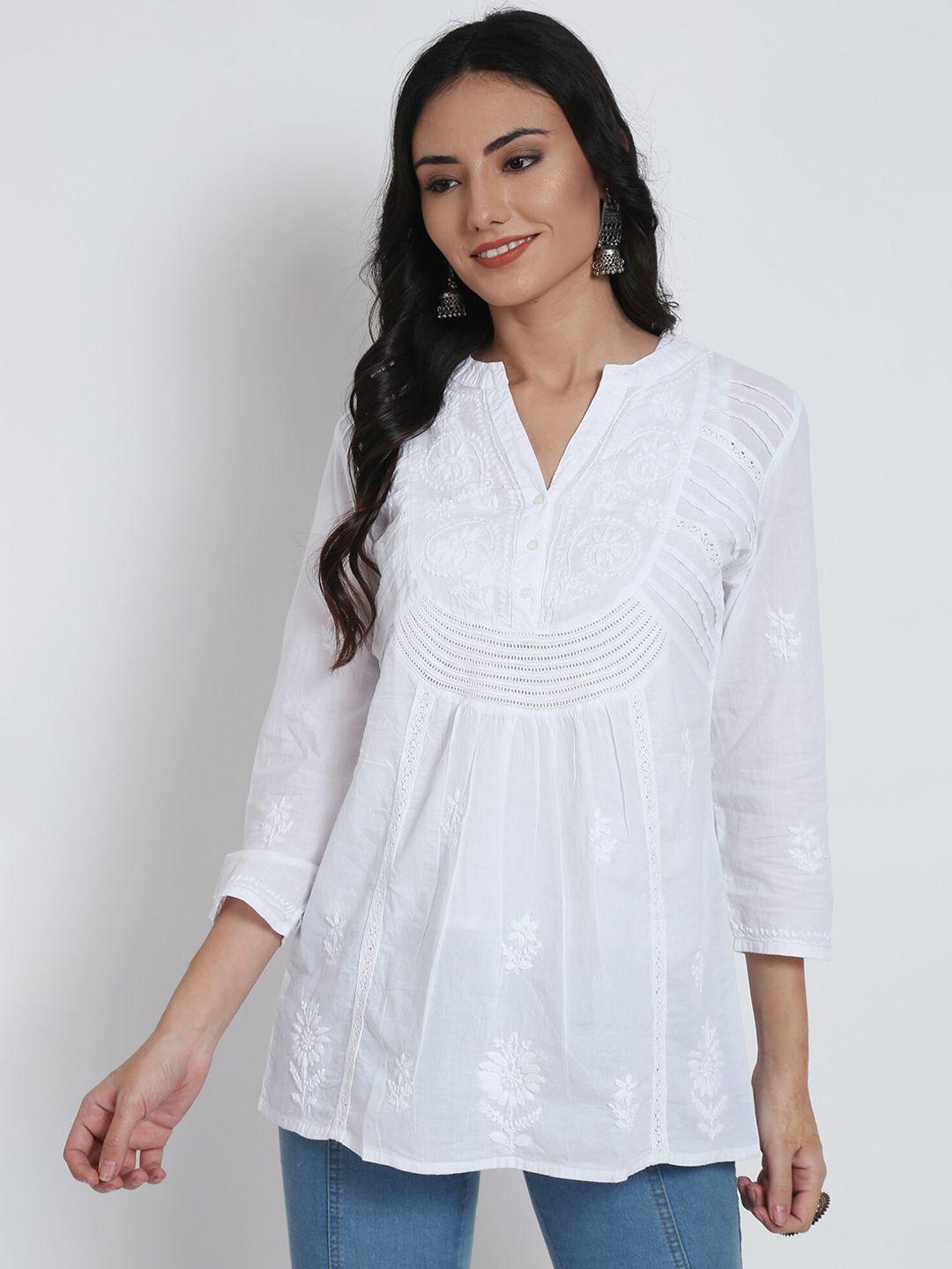 paramount chikan white ethnic motifs embroidered chikankari pure cotton kurti