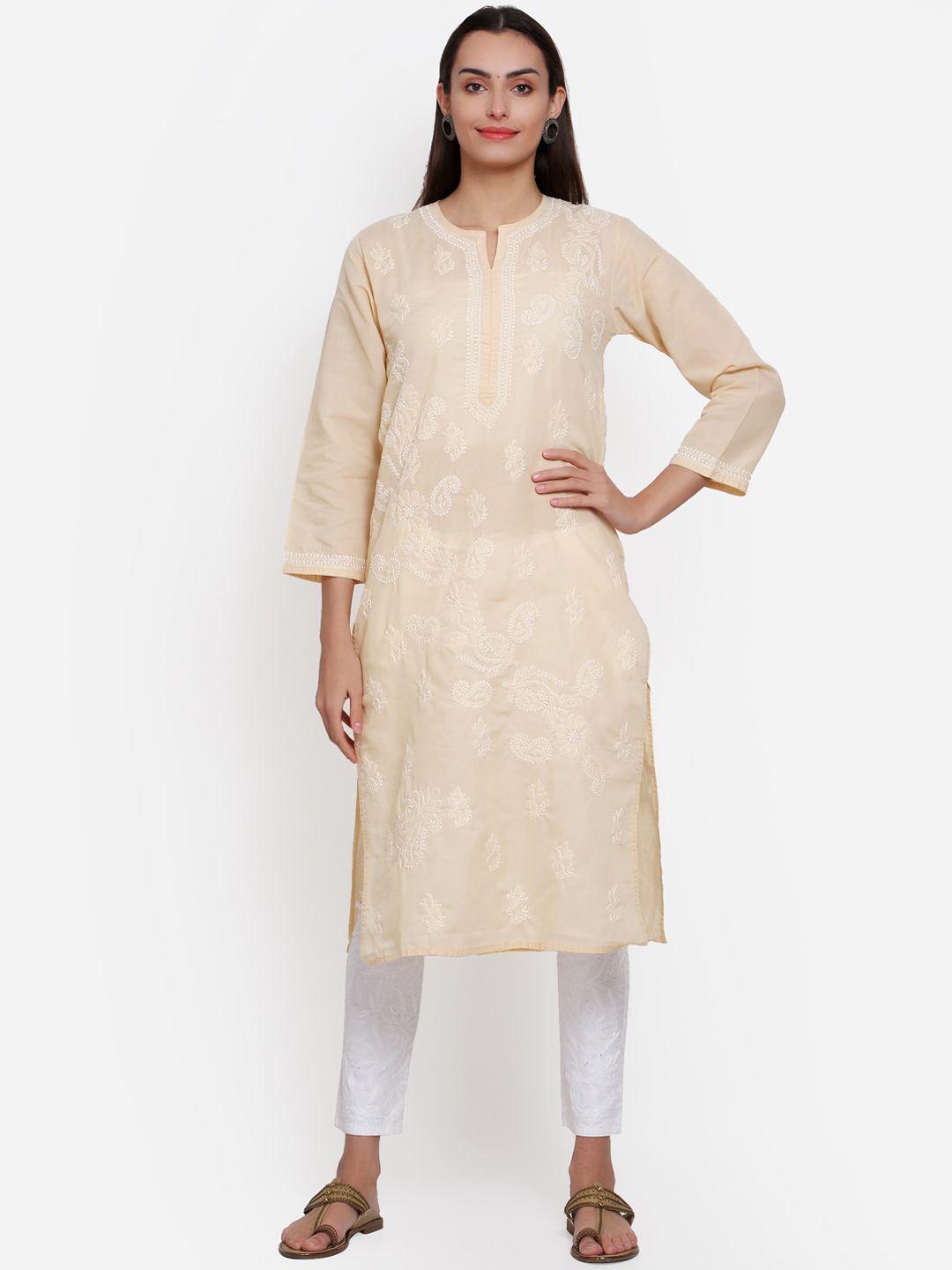 paramount chikan women beige ethnic motif hand embroidered chikankari cotton kurta